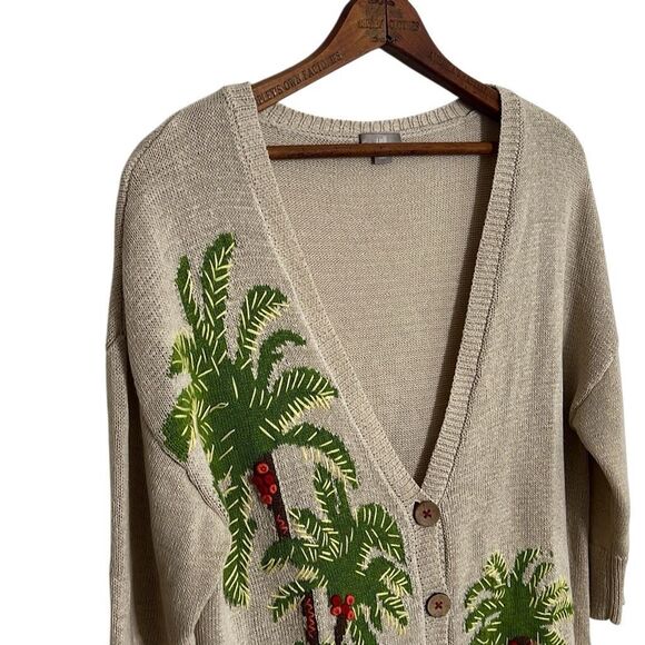 J. Jill Linen Blend Embroidered Palm Tree Button Front Cardigan Cream Size Small - Picture 3 of 10